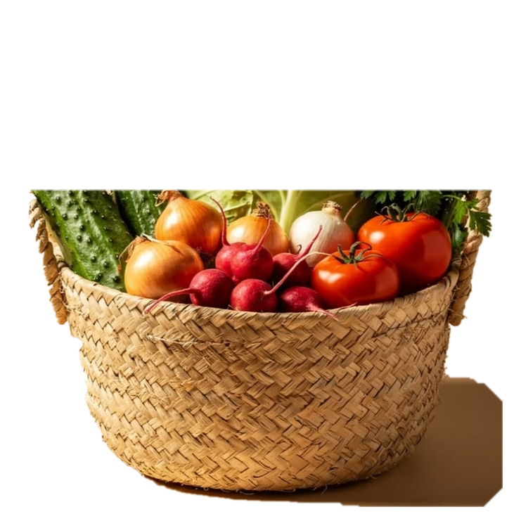 Woven straw vegetable basket front lip