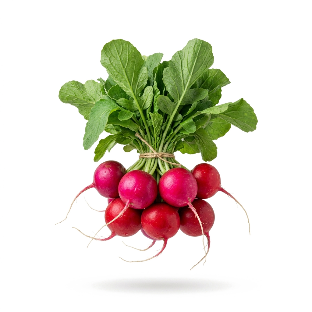 Vivid red radishes with leafy greens